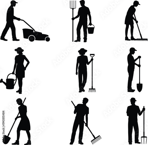 Gardener silhouettes set, people mowing raking digging watering plants, landscaping agriculture workers vector illustration isolated