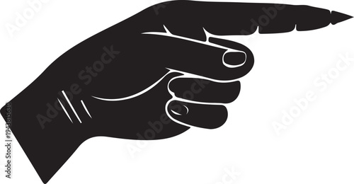 A black and white illustration of a pointing hand with an extended index finger