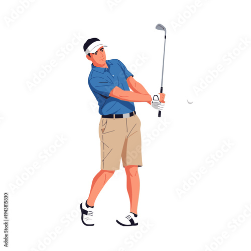 An illustrated golfer in a blue shirt and khaki shorts swings a golf club with a white visor on a plain white background.