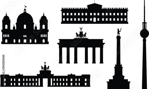 Berlin landmarks silhouette vector set, famous Germany architecture icons including Brandenburg Gate TV Tower Reichstag skyline illustration