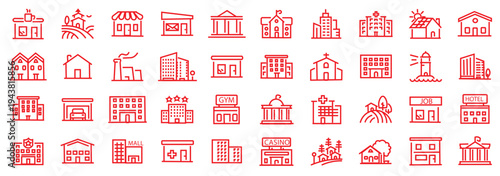 Building web icons in line style. Hotel, hospital, apartament, city, town house, mall, coffee, collection. Editable stroke. Vector illustration.