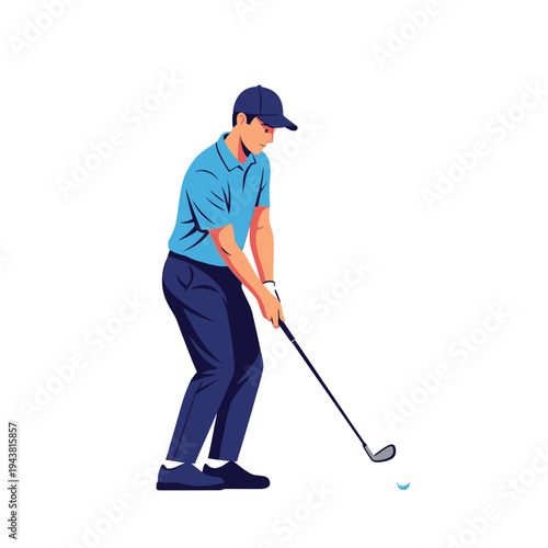 Illustration of a focused golfer in a blue shirt and cap swinging a golf club on a plain white background with a subtle motion.