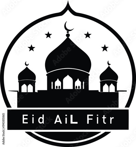 Islamic Mosque Silhouette with Crescent Moon Eid Mubarak Vector Illustration