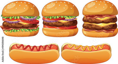 Vector Illustration of Classic Burgers and Hot Dogs