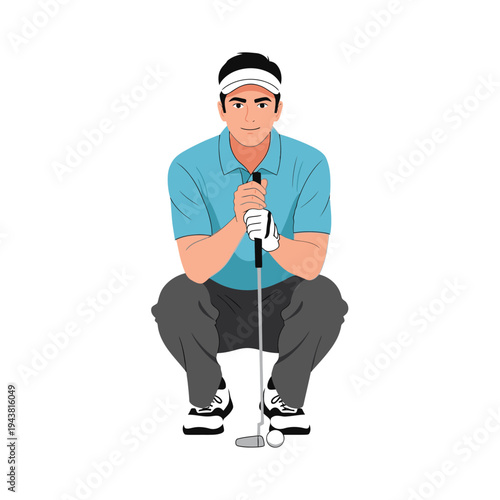 A golfer in a blue shirt and visor crouches down to line up a putt on a golf course with a white background.