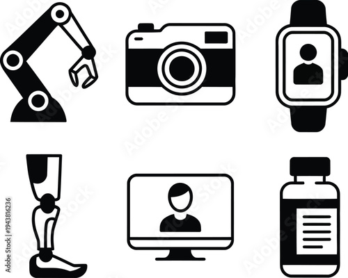 A collection of modern technology icons including a robot arm and a smartwatch.