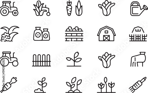 Agriculture icons set featuring tractor farm house crops and gardening tools in linear outline style vector illustration