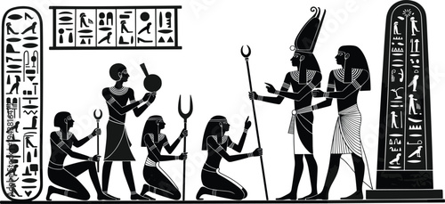 Ancient Egyptian ritual scene illustration, pharaoh priests hieroglyphics worship ceremony artwork isolated on white background for design