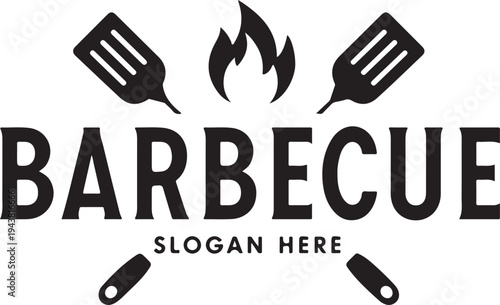 A bold and appetizing barbecue logo with grill tools and flames