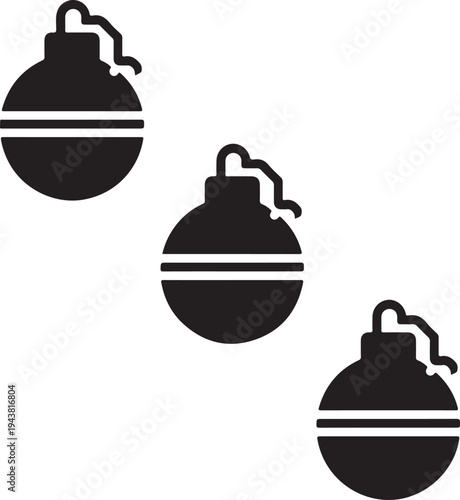 Three festive baubles with ribbons and hanging strings