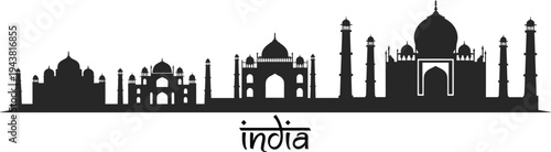 India skyline silhouette vector illustration, Taj Mahal and famous landmarks panorama isolated on white background, travel tourism design
