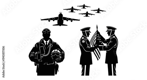 Military pilot silhouette with jets and flag ceremony, symbolizing aviation and patriotism.