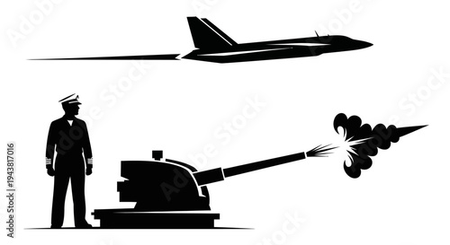 Military Power: Fighter Jet, Cannon Firing, and Soldier Silhouette
