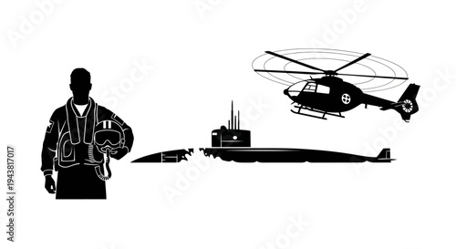 Military Pilot, Submarine, and Helicopter Silhouette - Defense and Aviation Concept