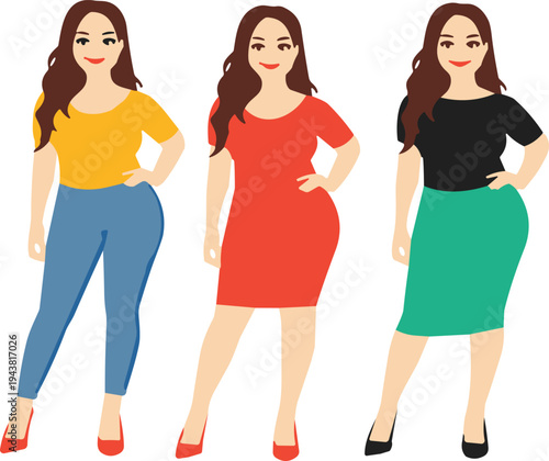 Curvy plus size woman fashion illustration set showing stylish female characters wearing casual clothes, dress and skirt outfits representing body positivity, modern lifestyle and confidence.