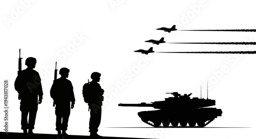 Military Power: Soldiers, Tank, and Fighter Jets in Silhouette