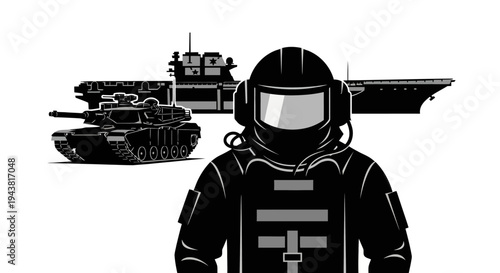 Military Power: Tank, Aircraft Carrier, and Soldier in Protective Gear