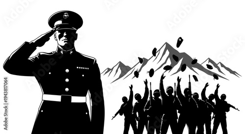 Military Salute and Troops Celebrating Victory Against Mountains