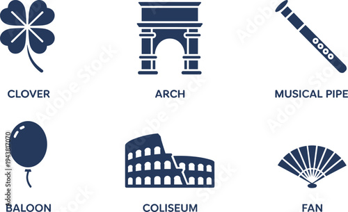 Cultural icons set vector illustration, clover arch musical pipe balloon coliseum fan symbols isolated on white background