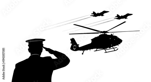 Military Salute: Officer Honors Air Show with Helicopter and Fighter Jets