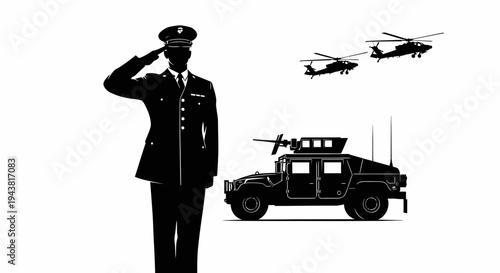 Military Salute: Soldier, Humvee, and Helicopters in Silhouette