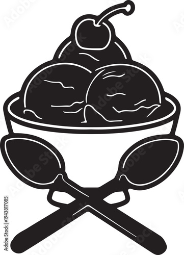 Delicious ice cream sundae with cherries and crossed spoons