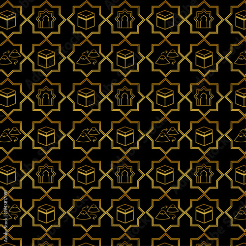 Islamic Hajj and Umrah seamless pattern with golden Kaaba, Safa Marwa, and Maqam Ibrahim line art icons on black background. Traditional Muslim pilgrimage vector background for Ramadan and Eid.