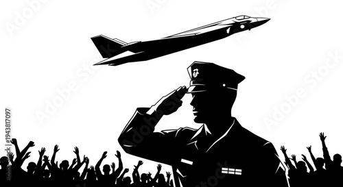 Military Salute: Soldier Honoring Jet Flyover with Cheering Crowd Silhouette