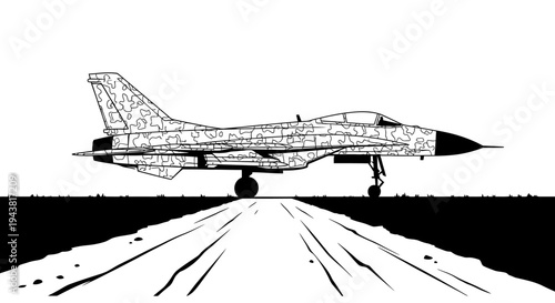 Modern Fighter Jet on Runway, Military Aircraft Silhouette, Aviation Art