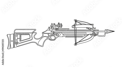 Modern Crossbow with Scope and Arrows - Line Art Illustration