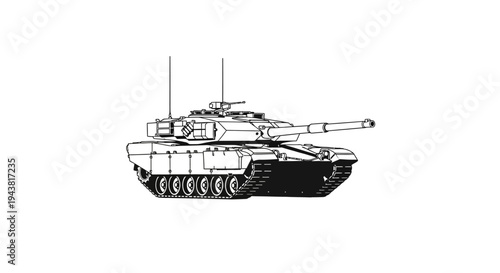 Modern Military Tank Silhouette, Front View, Isolated on White Background