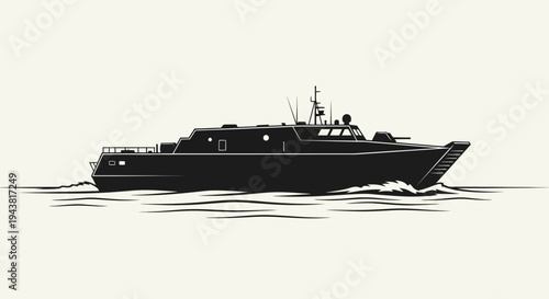 Modern Speedboat Silhouette on Water, Minimalist Black and White Nautical Illustration