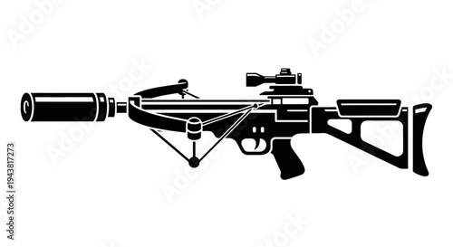 Modern Tactical Crossbow with Suppressor and Scope - Black Silhouette