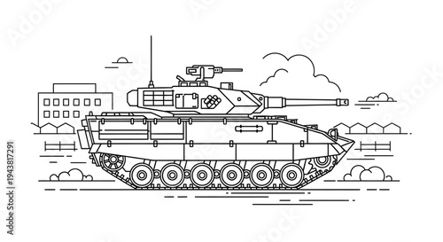 Modern Tank Illustration, Military Vehicle, Line Art Style, Side View