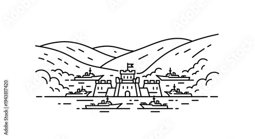 Naval fleet guarding a fortress on a hill, minimalist line art