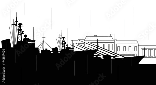 Naval Fleet Silhouette: Warships Docked Near Harbor Buildings
