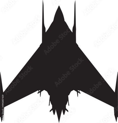 A silhouette of a futuristic stealth fighter jet with sharp, angular features and pointed wings.