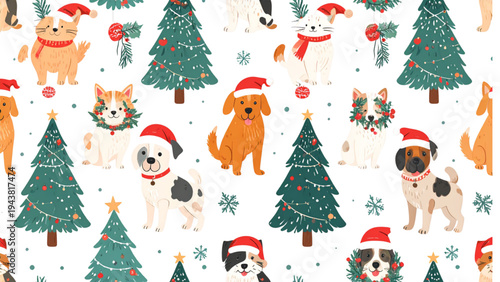 Seamless Repeating Vector Christmas and Holiday Pattern Featuring Cute Dogs and Cats in Santa Hats, Decorated with Festive Wreaths, Christmas Trees, Hanging Ornaments, and Holly