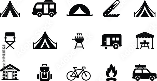 Collection of camping icons including tents vehicles and outdoor gear  recreation and travel symbols