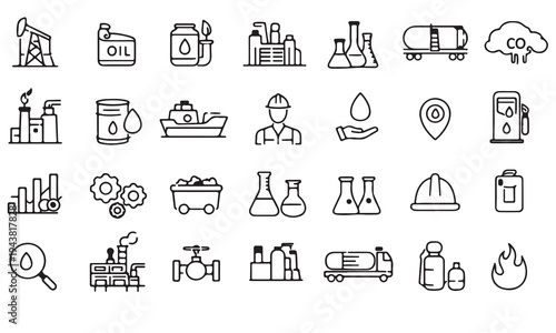 Oil and Petroleum Industry Outline Icon Set – Oil Rig, Barrel, Gas Station, Fuel Pump Vector Icons