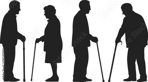 Elderly people silhouettes with walking cane showing senior men and women standing and walking representing aging, retirement life, healthcare and support concept