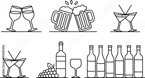 Various alcoholic beverages and drinkware icons in a line drawing style for cocktail and bar concepts
