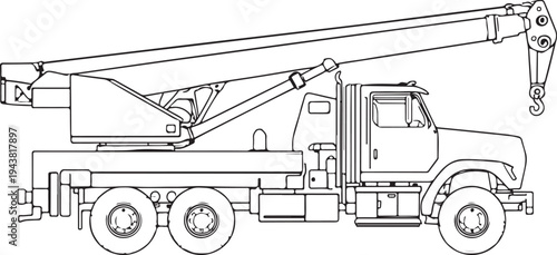 A detailed line drawing of a heavy-duty tow truck with an extended crane arm
