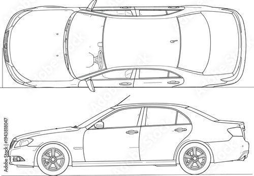 Detailed sedan car blueprint line art with top and side views, technical automotive vector illustration for engineering design use