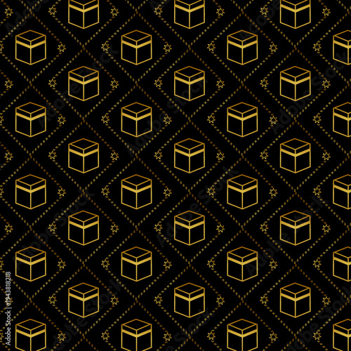 Islamic Kaaba seamless pattern on diagonal grid. Golden line art icons on black background for Hajj, Umrah, and Ramadan Kareem decorations.