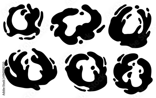 Six abstract black and white ink blots resembling organic shapes and cellular structures.