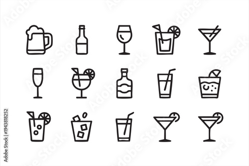 Beer Wine Whiskey Cocktail Glass Outline Icons for Bar Menu and App Design