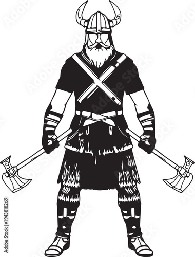 A viking warrior standing with two axes and wearing a helmet and armor