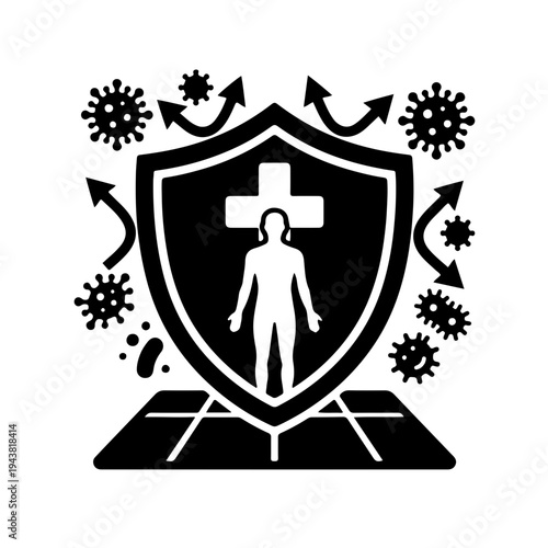Immune system shield icon showing a protective barrier repelling virus and bacteria particles, symbolizing body defense, health immunity, and medical protection