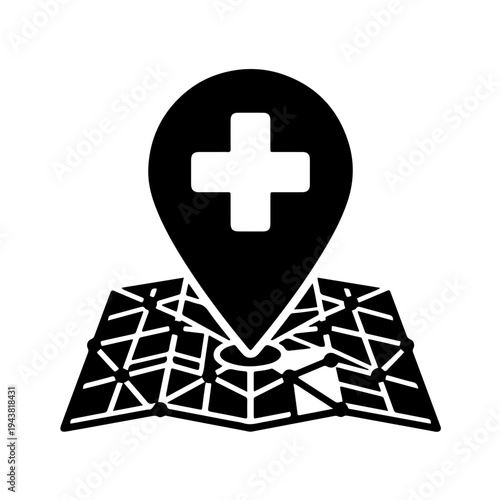 Global health locator icon featuring a medical cross inside a map pin, symbolizing GPS navigation to hospitals, clinics, and emergency services worldwide